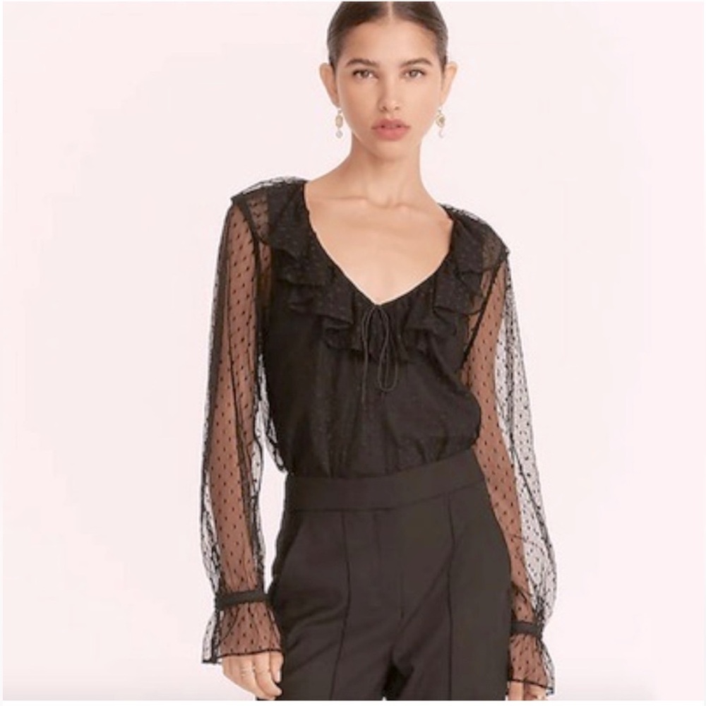 J. Crew Black Sheer Dot Ruffle Tie-Neck Blouse